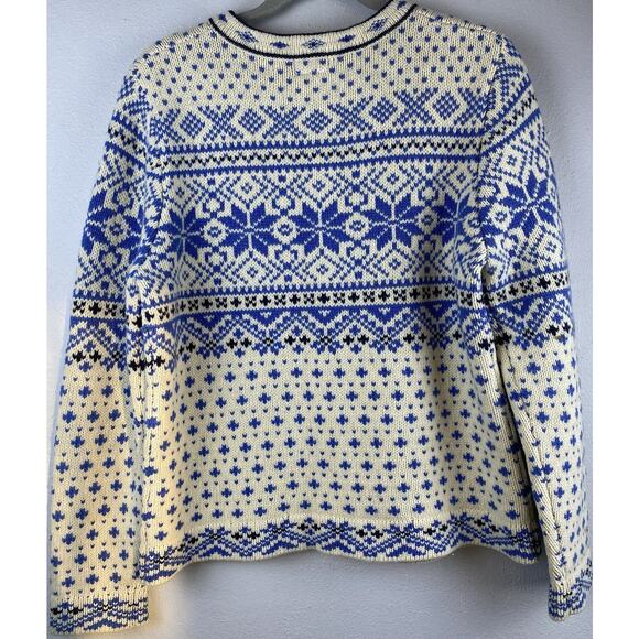 L.L.Bean Sz MP Nordic Fair Isle Sweater Cardigan Blue Ivory Women's Metal Button - Picture 3 of 10